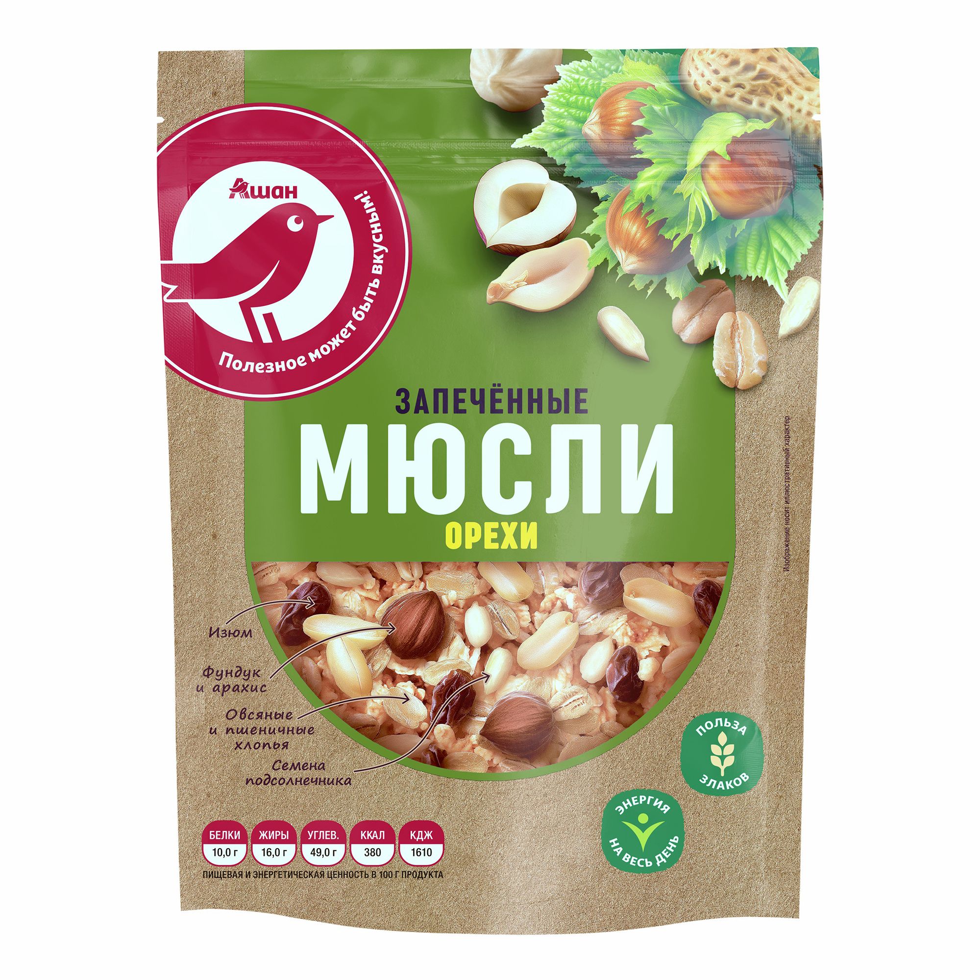 

Мюсли АШАН Красная птица запеченные с орехами, 250 г
