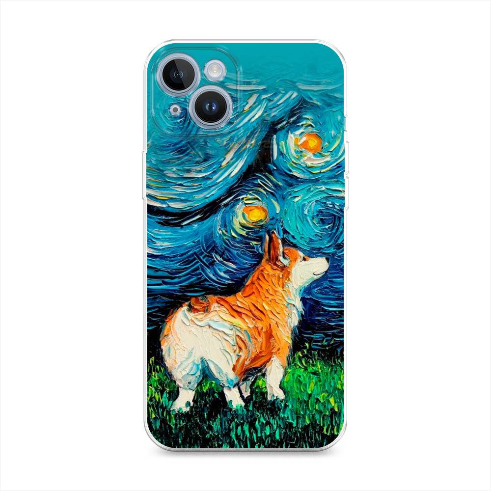 

Чехол на Apple iPhone 14 "Корги звёздная ночь", Коричневый;белый;зеленый, 15150-1
