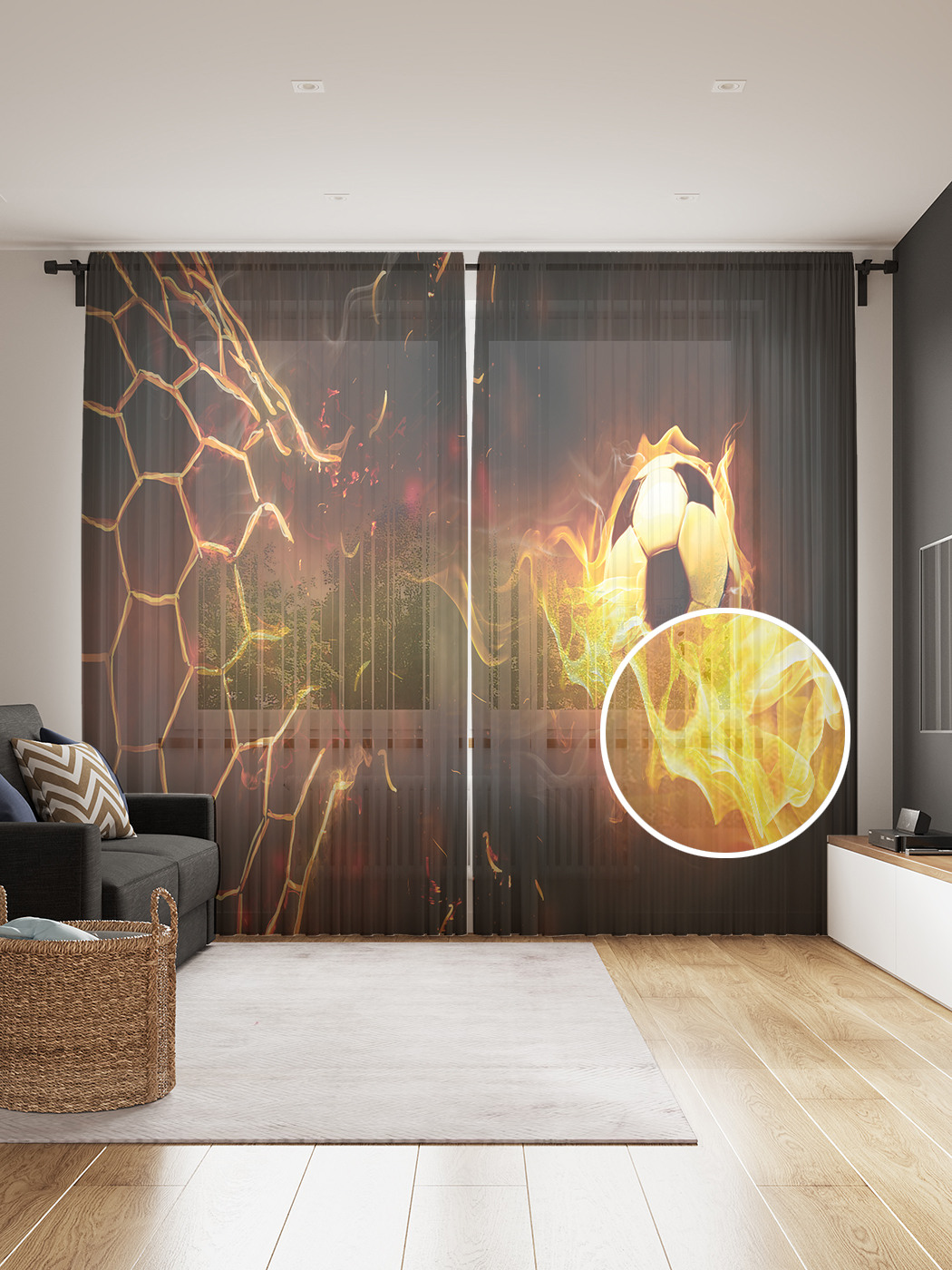 

Фототюль JoyArty "Пламенный гол", 145x265см (2 полотна со шторной лентой + 50 крючков), Пламенный гол