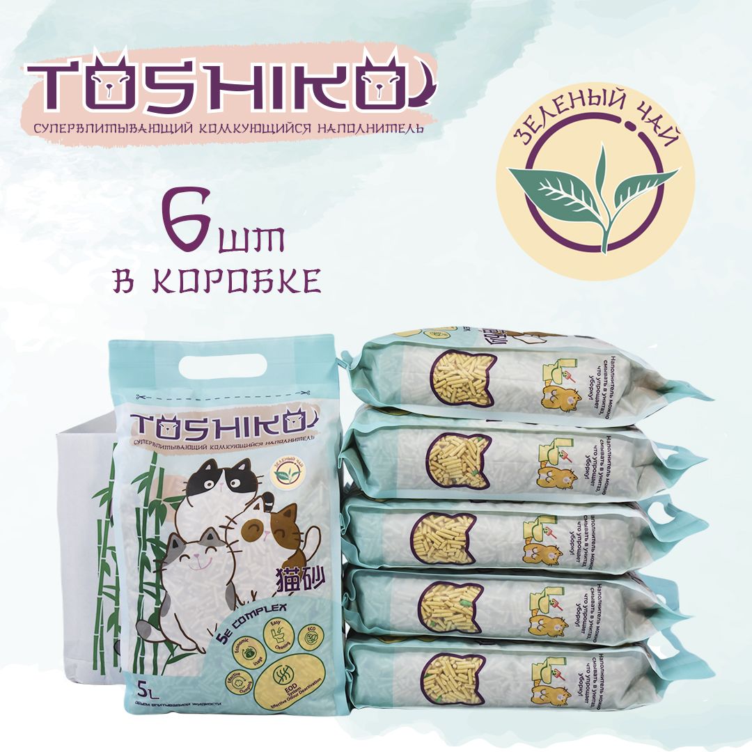 Комкующийся наполнитель Toshiko древесный, зеленый чай, 1,9 кг, 5 л, 6 шт