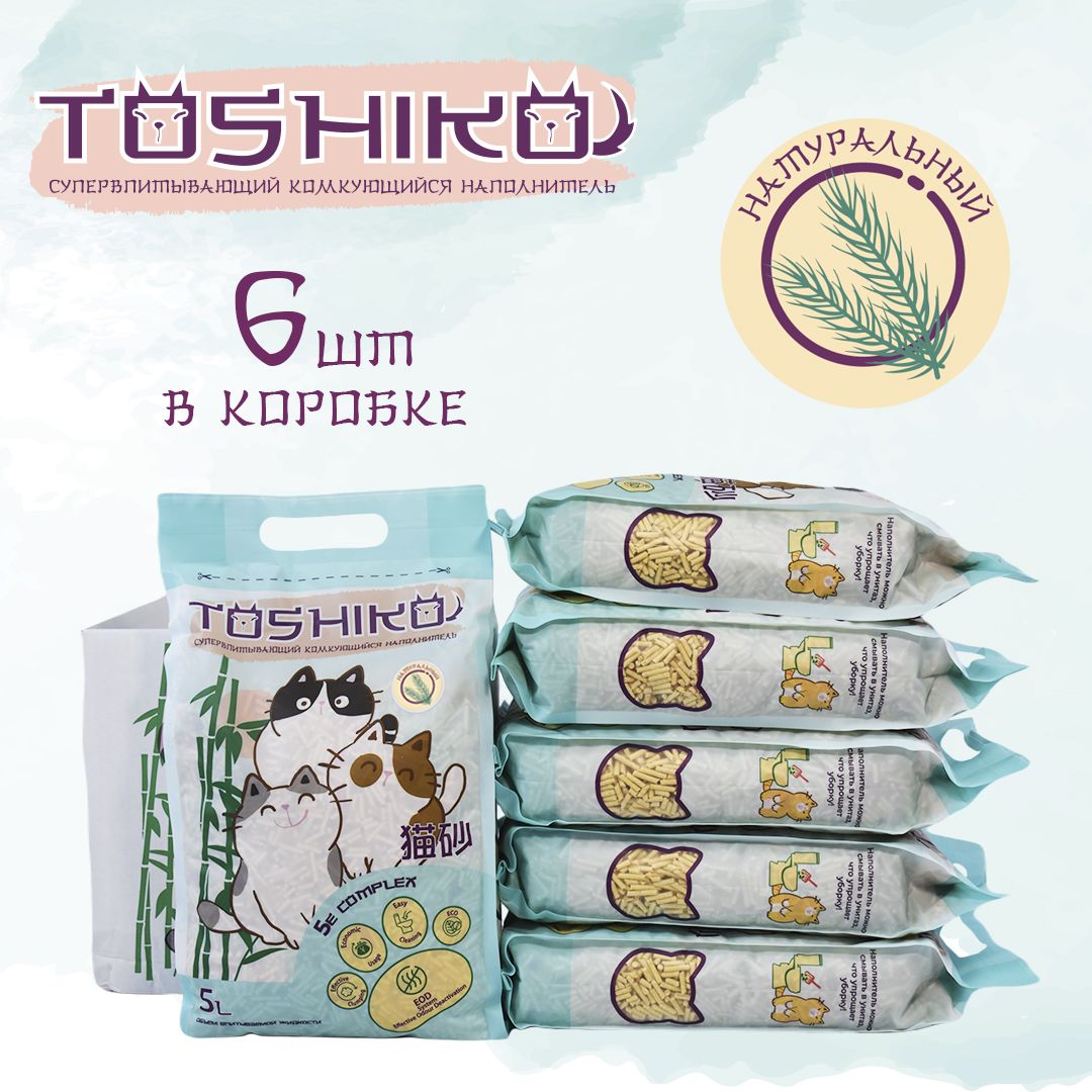 Натуральный комкующийся наполнитель Toshiko древесный без запаха 1,9 кг 5 л 6 шт