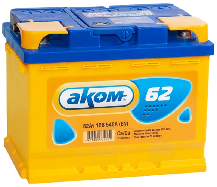 

Аккумулятор АКОМ (Akom) 62 А/ч 560 А пр.пол. Росс. авто (245х177х190)