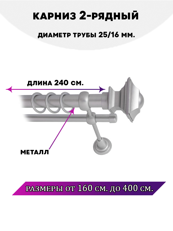 

Карниз металлический Lux Decor Фаворит 2-рядный гладкий D-2516 мм Сатин 24 м, Серый, Фаворит