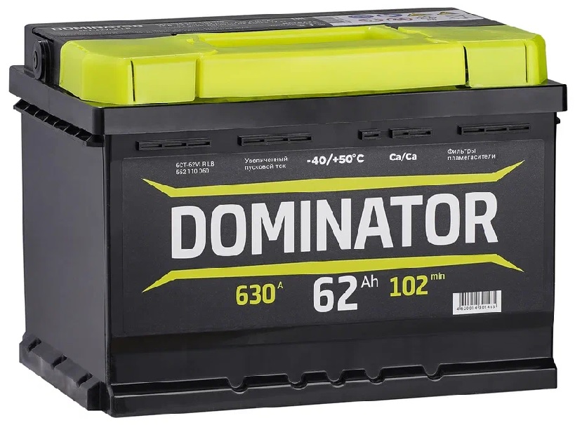 

Аккумулятор Dominator 62 А/ч 620 A обр. пол. низкий Евро авто (242x175x175)