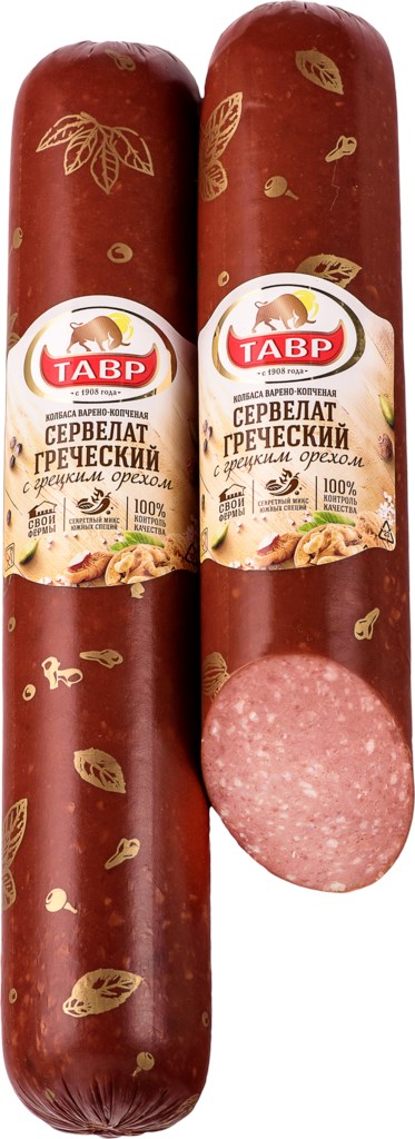

Колбаса Тавр Сервелат Греческий с грецким орехом варено-копченая
