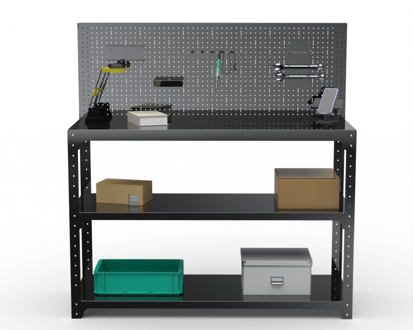 

Стол-верстак Metalex серия KIT 950х1800х600 (две полки) + перфопанель, черный