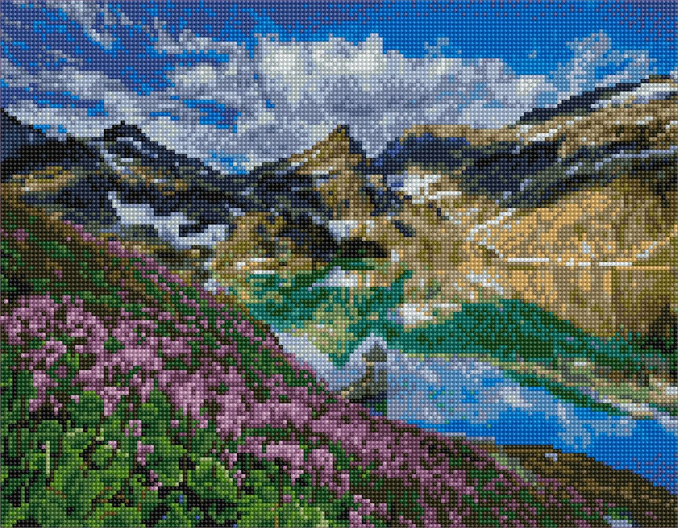Алмазная вышивка PaintBoy Цветы у озера в горах, 40x50