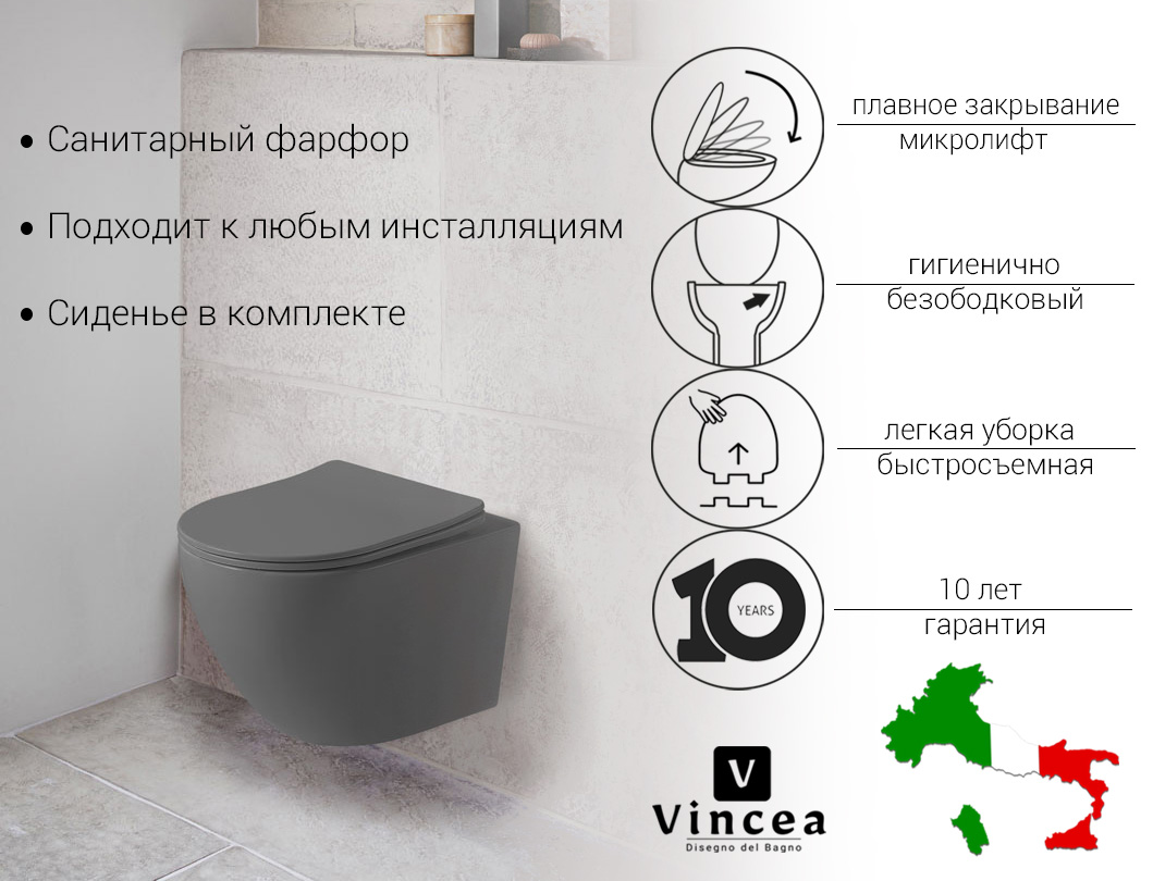 Унитаз подвесной Vincea Globo VT1-14SMA безободковый, ультратонкое сиденье soft-close унитаз компакт vincea