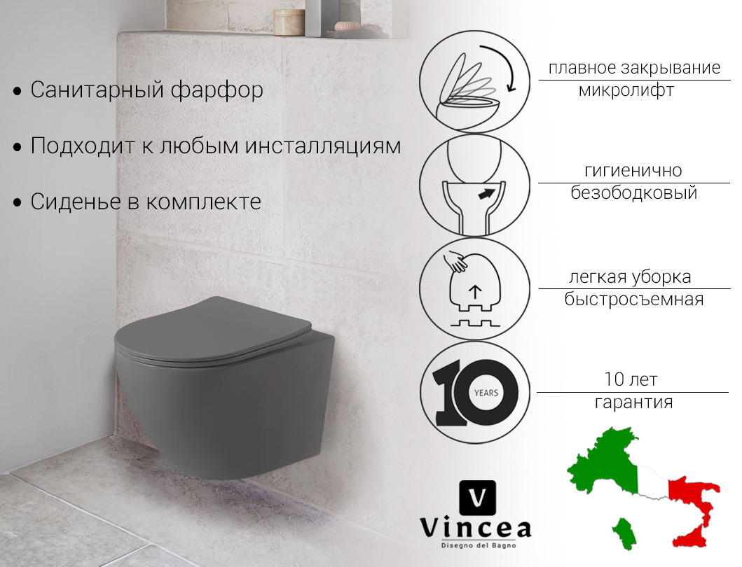 Унитаз подвесной Vincea Globo VT1-14SMA безободковый, ультратонкое сиденье soft-close унитаз vincea