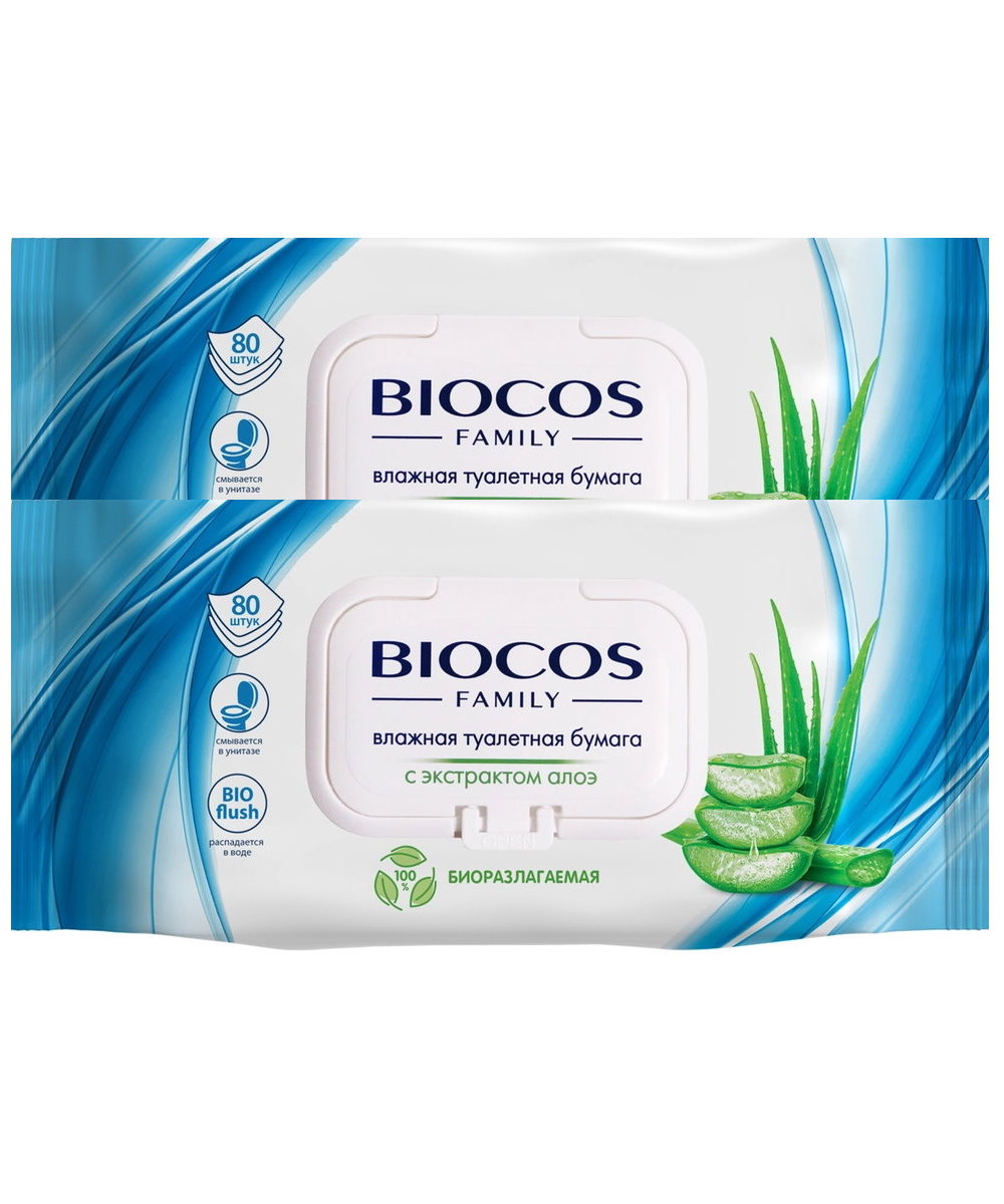 Комплект Влажная туалетная бумага BioCos для всей семьи с клапаном, 80 шт х 2 упаковки