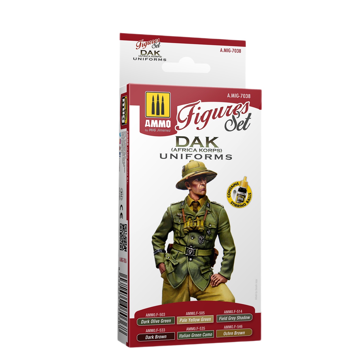 

Набор красок Ammo Mig AMIG7038 DAK Figures Set, Ammo-f503 dark olive green;ammo-f505 pale yellow green;ammo f-514 field grey shadow;ammo-f533 dark brown;ammo-f535 italian green camo;ammo-f543 ochre brown