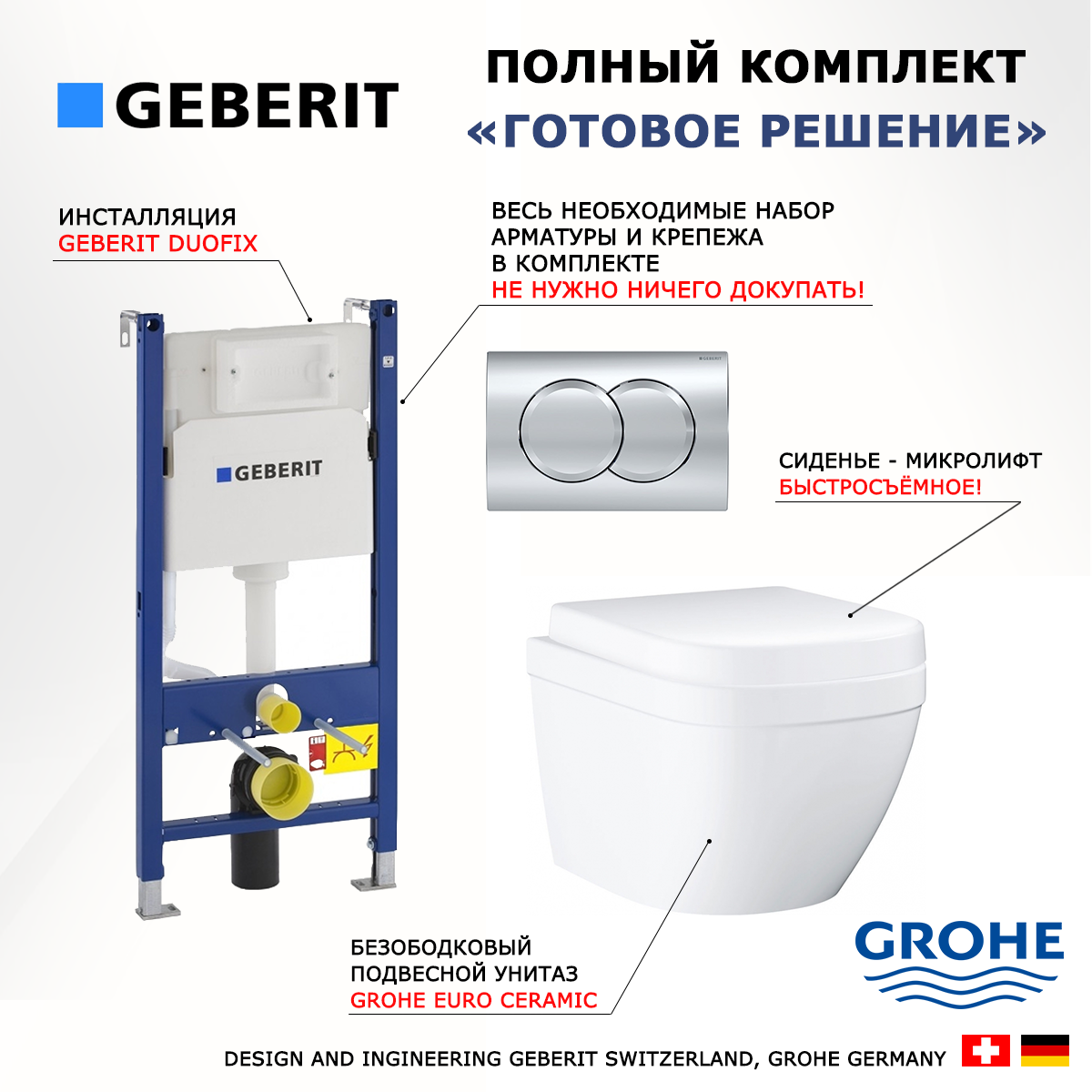 

Комплект инсталляция Geberit Duofix + Унитаз Grohe Euro Ceramic + кнопка хром Delta01