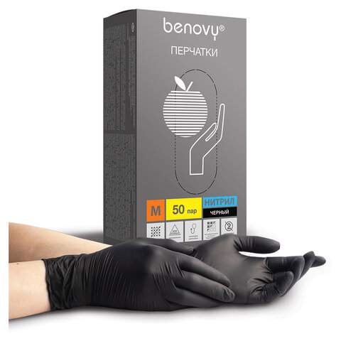 Купить Перчатки нитриловые смотровые КОМПЛЕКТ 50 пар (100 шт.), размер M (средний), черные, BENOV, Benovy