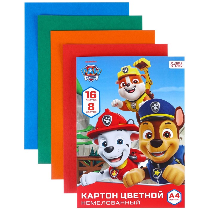 

Картон цветной немелованный, А4, 16 л. 8 цв., 200г/м, Paw Patrol, Разноцветный