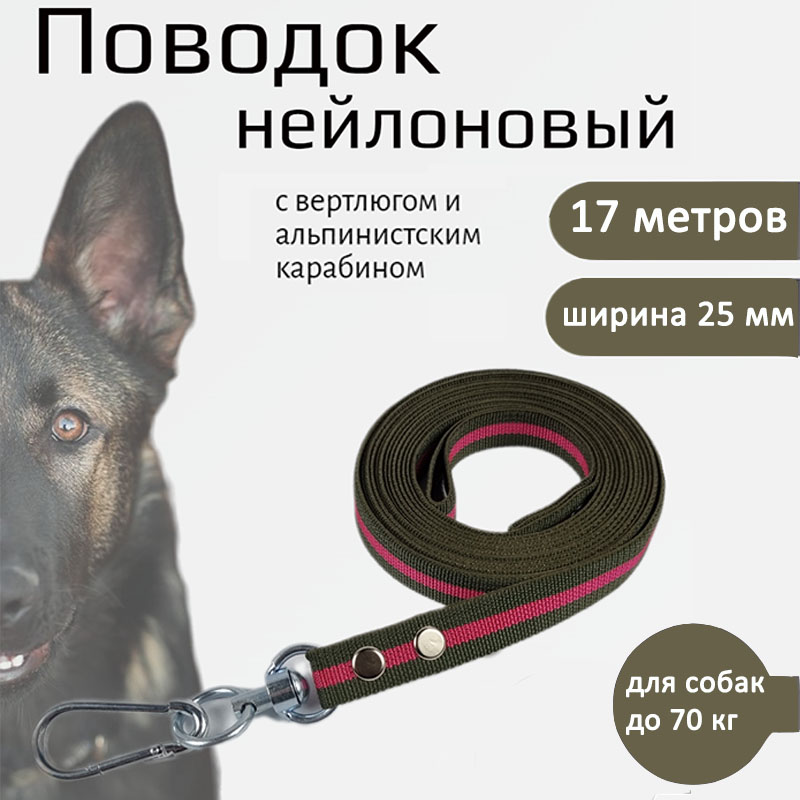 Поводок для собак Хвостатыч с вертлюгом и альпинистским карабином, нейлон, 17 м х 25 мм
