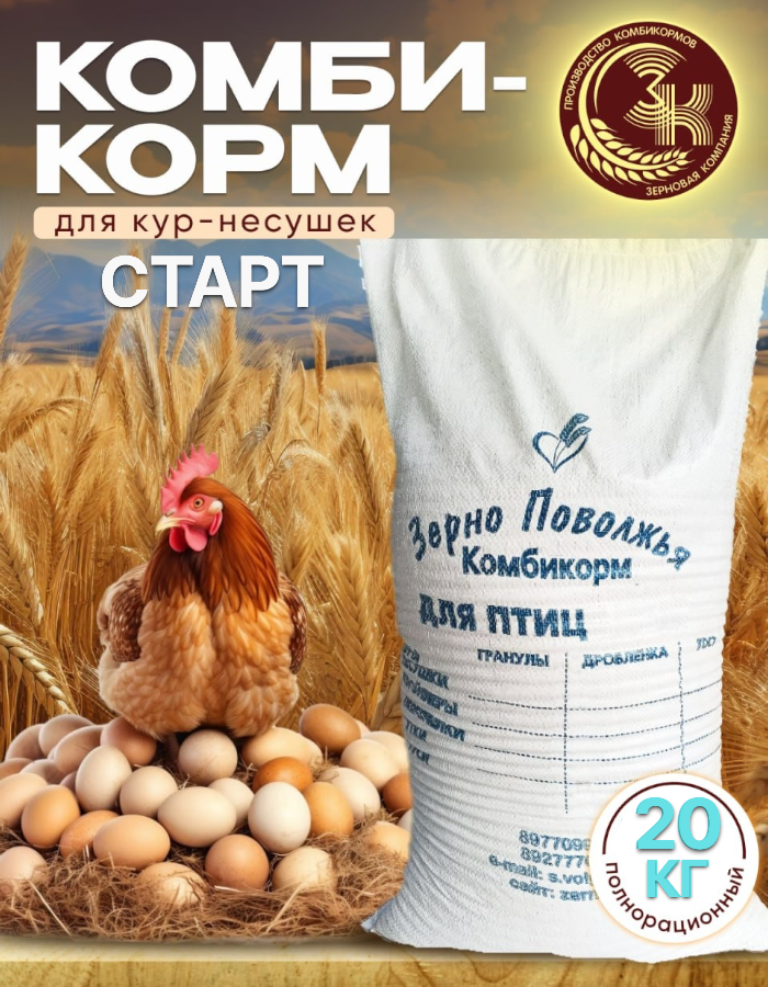 Комбикорм для кур-несушек Зерно Поволжья Старт, 20 кг