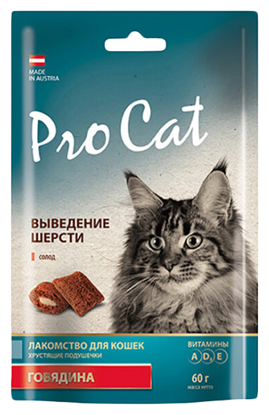 

Лакомство для кошек Pro Cat Хрустящие подушечки Говядина и птица 60 г х 10 шт