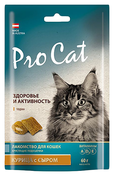 Лакомство для кошек Pro Cat Хрустящие подушечки, курица с сыром, 10 шт по 60 г