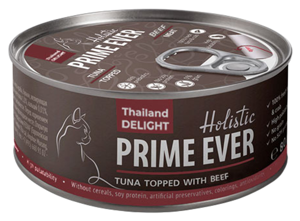 

Консервы для кошек Prime Ever 6B с тунцом и говядиной в желе, 24 шт по 80 г, Delight