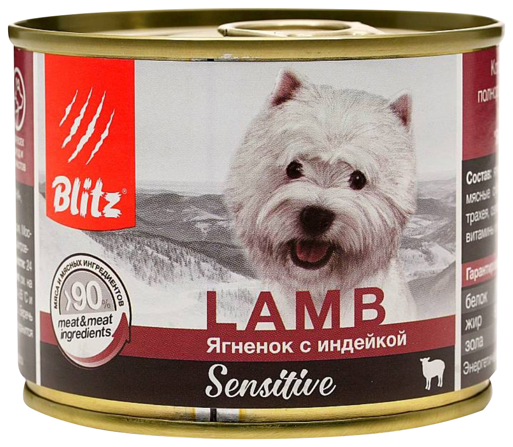 

Консервы для собак Blitz Sensitive с ягненком и индейкой, 24 шт по 200 г