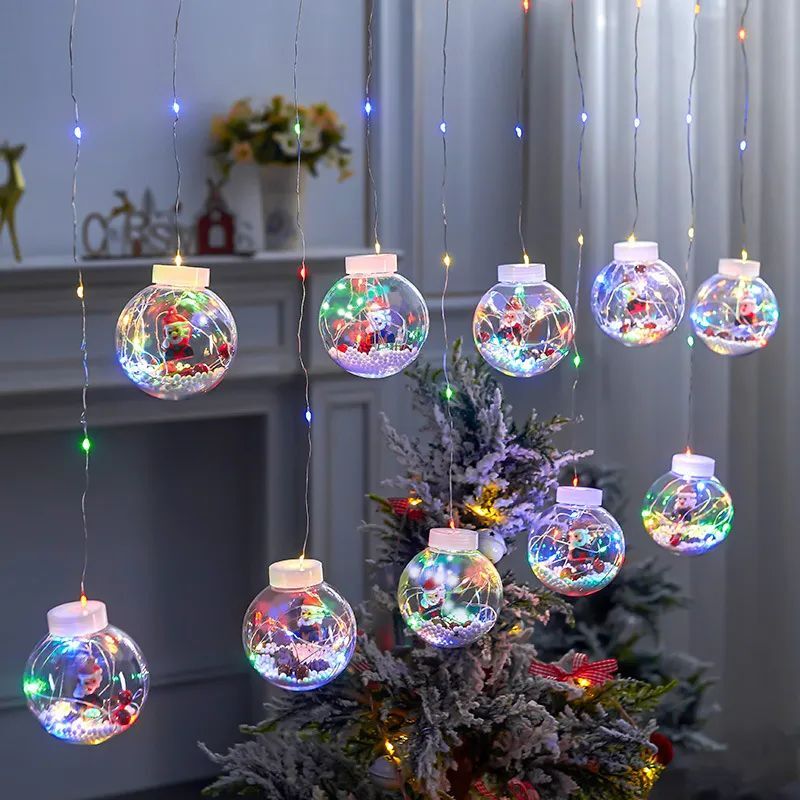 Новогодняя гирлянда Merry Christmas бахрома Шары с Дедом Морозом 10LED разноцветнаяя 3м