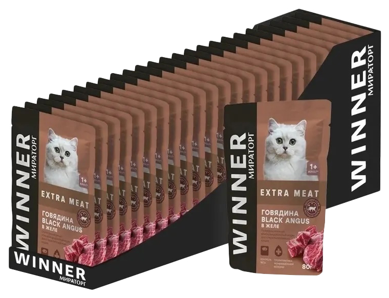 Влажный корм для кошек Мираторг Winner Extra Meat говядина, 24 шт по 80 г