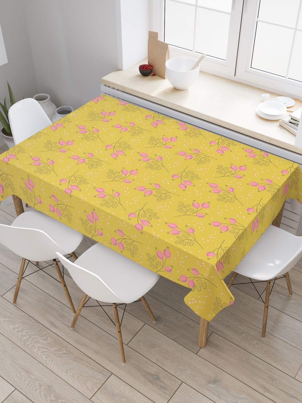 

Скатерть прямоугольная JoyArty на кухонный стол "Плоды шиповника" из оксфорда, 180x145 см, Желтый, Плоды шиповника