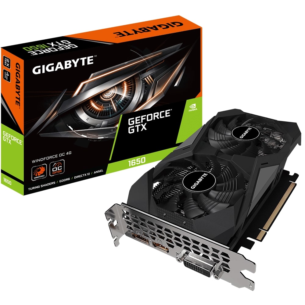 

Видеокарта GIGABYTE NVIDIA GeForce GTX 1650 D6 WINDFORCE OC (GV-N1656WF2OC-4GD), Черный, GeForce GTX 1650 D6 WINDFORCE OC