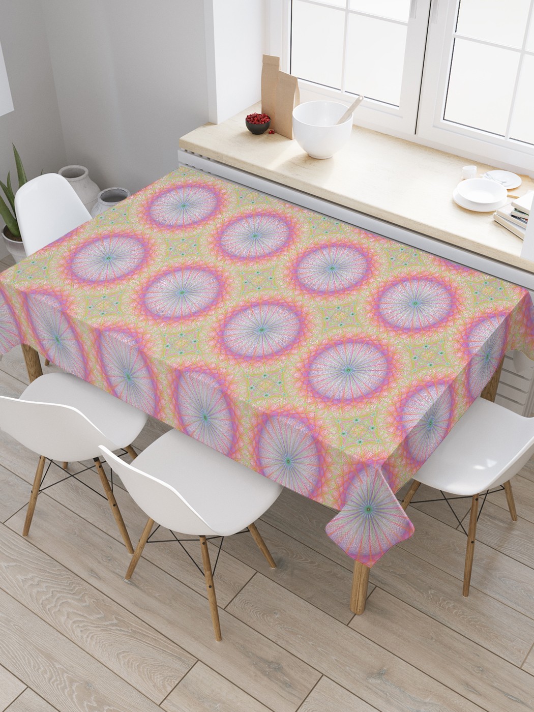 фото Скатерть прямоугольная joyarty на кухонный стол "цветочные диски" из оксфорда, 180x145 см
