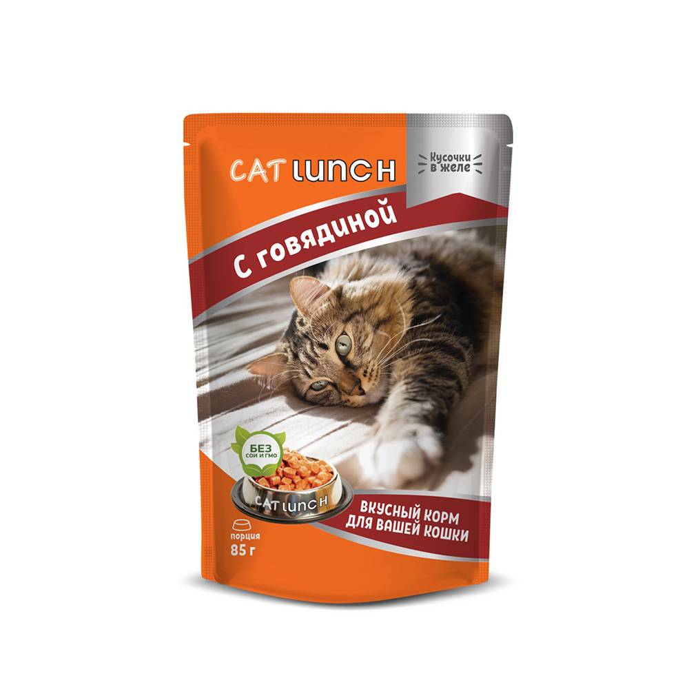 Влажный корм для кошек Cat Lunch кусочки в желе с говядиной 12 шт по 85г 832₽