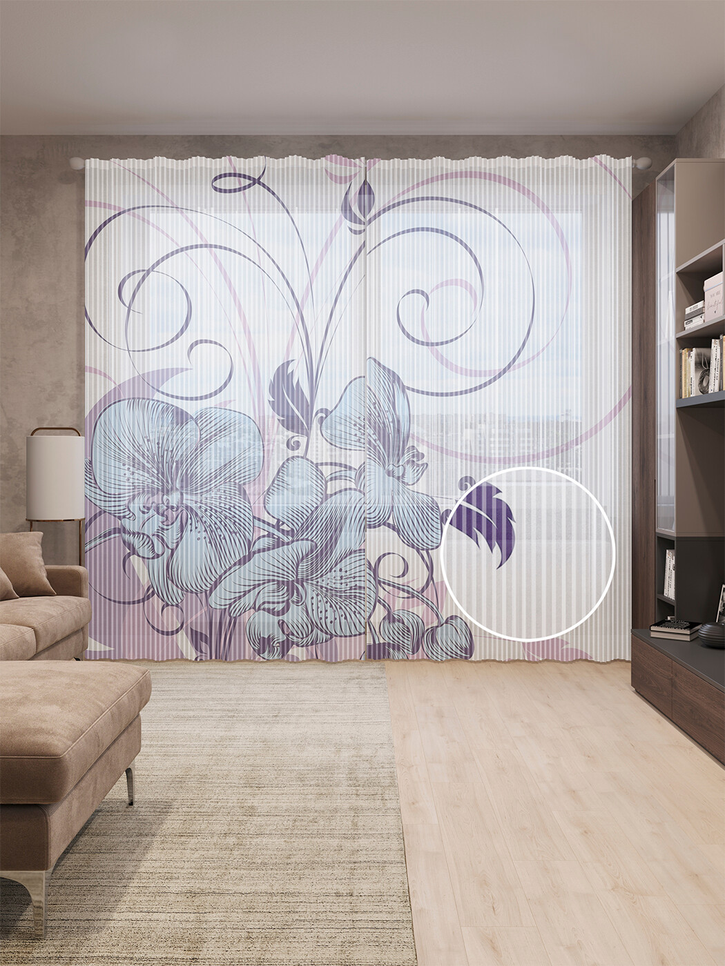 

Тюль вуаль на шторной ленте с принтом JoyArty "Цветочные спирали", 310х265 см, Цветочные спирали