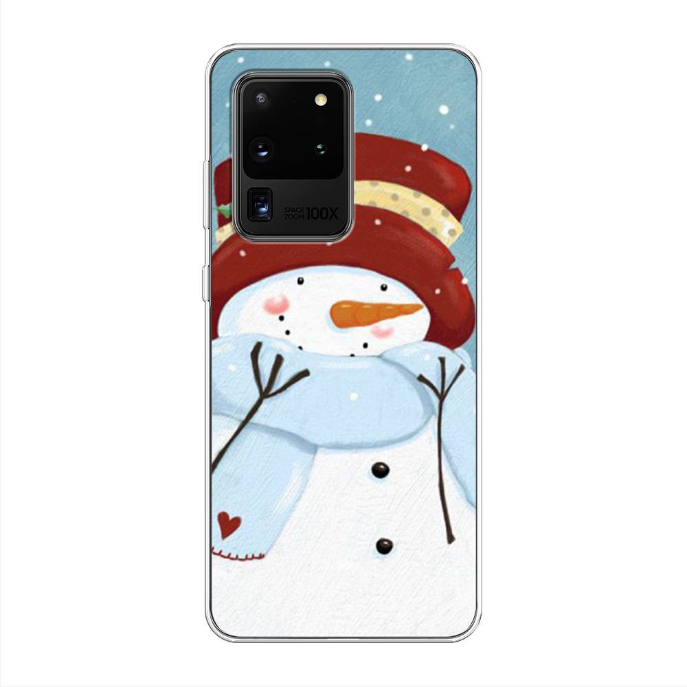 

Чехол на Samsung Galaxy S20 Ultra "Застенчивый снеговик", Голубой;белый;красный, 29450-5