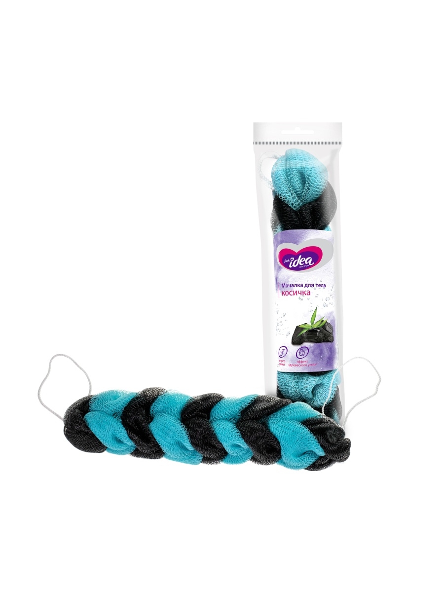 фото Fresh idea мочалка для тела косичка (нейлоновая сетка, с ручками), 1 шт голубая