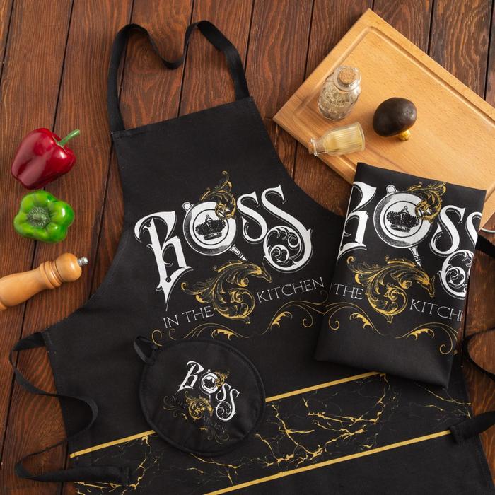 

Кухонный набор Boss, фартук 70х60 , прихватка 20х20 , полотенце 35х60, Черный