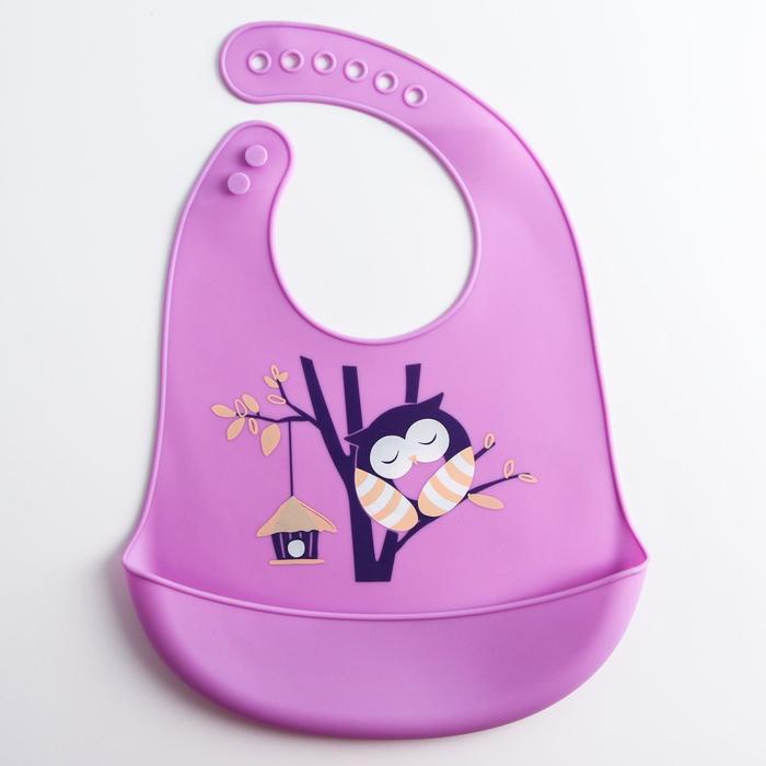 фото Нагрудник силиконовый, с карманом «сова», цвет фиолетовый mum&baby
