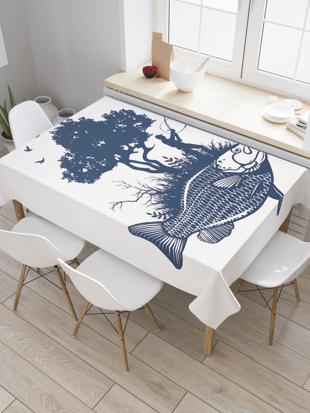фото Скатерть прямоугольная joyarty на кухонный стол "рыбалка на рыбе" из оксфорда, 180x145 см
