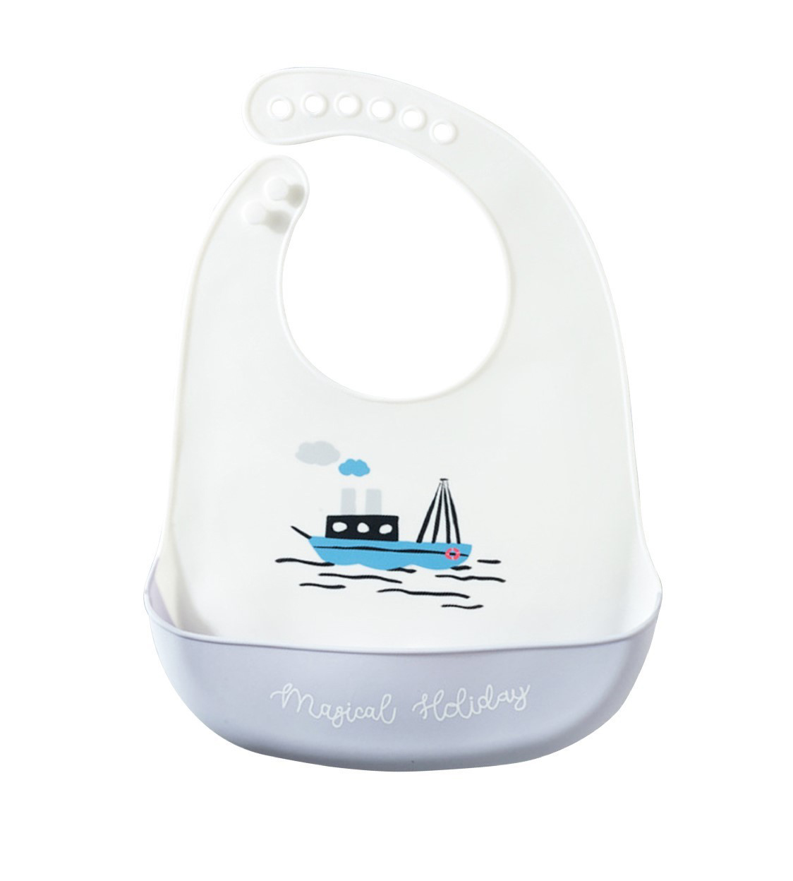 фото Нагрудник силиконовый, на кнопках, с карманом «кораблик», цвет белый/серый mum&baby