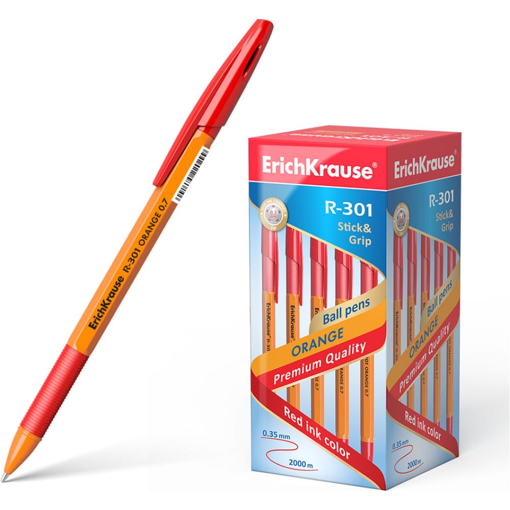 Ручка шариковая ErichKrause R-301 Stick&Grip Orange 0.7, цвет чернил красный, 50 шт 100061229619