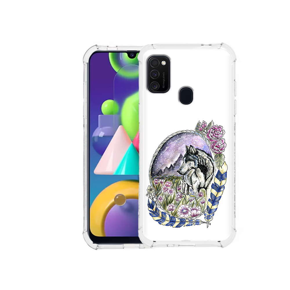 

Чехол MyPads Tocco для Samsung Galaxy M21 нарисованный волк в цветах с перьями, Прозрачный, Tocco