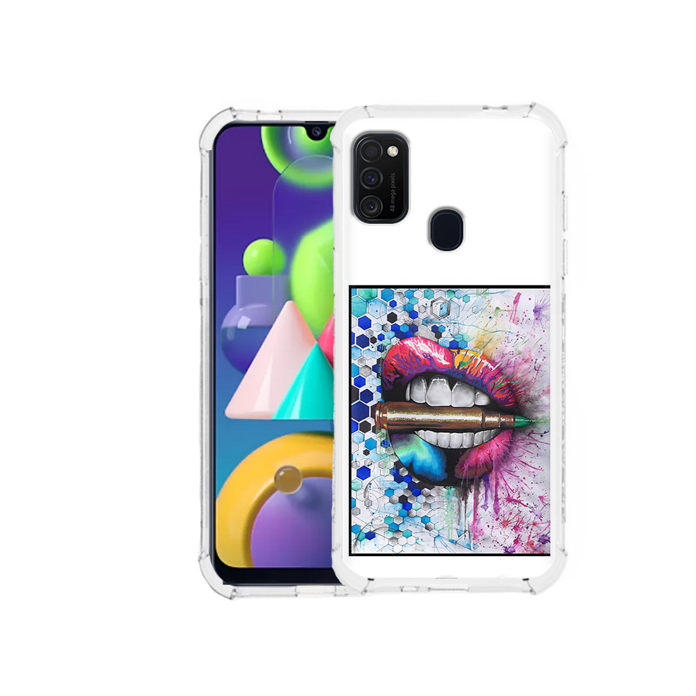 

Чехол MyPads Tocco для Samsung Galaxy M21 разноцветные губы с пулей (PT147110.591.571), Прозрачный, Tocco