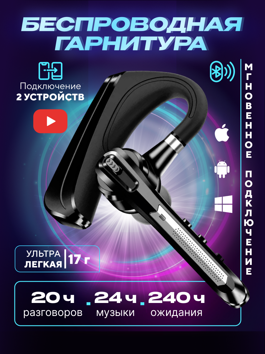 

Беспроводная гарнитура Bluetooth TAYMLUX HSP-B3 черный, HSP-B3