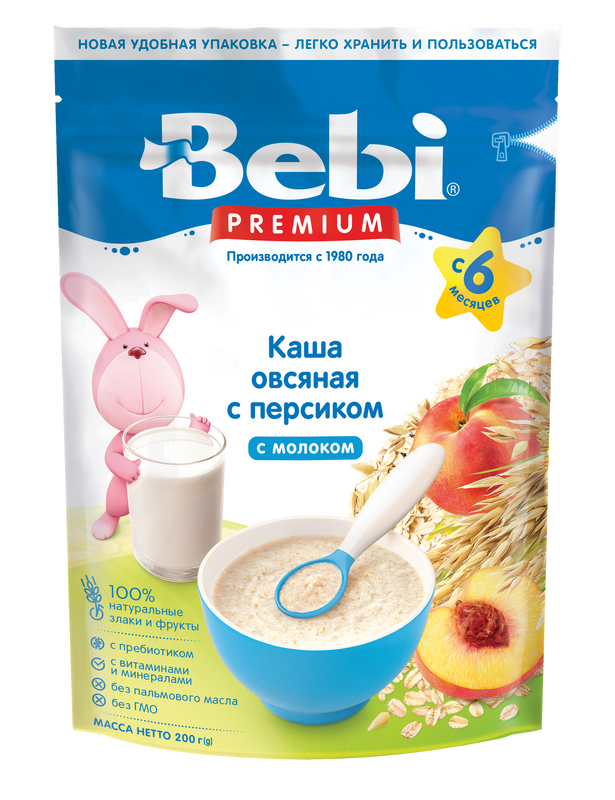 фото Каша детская bebi premium сухая овсяная молочная с персиком с 6 месяцев 200 г