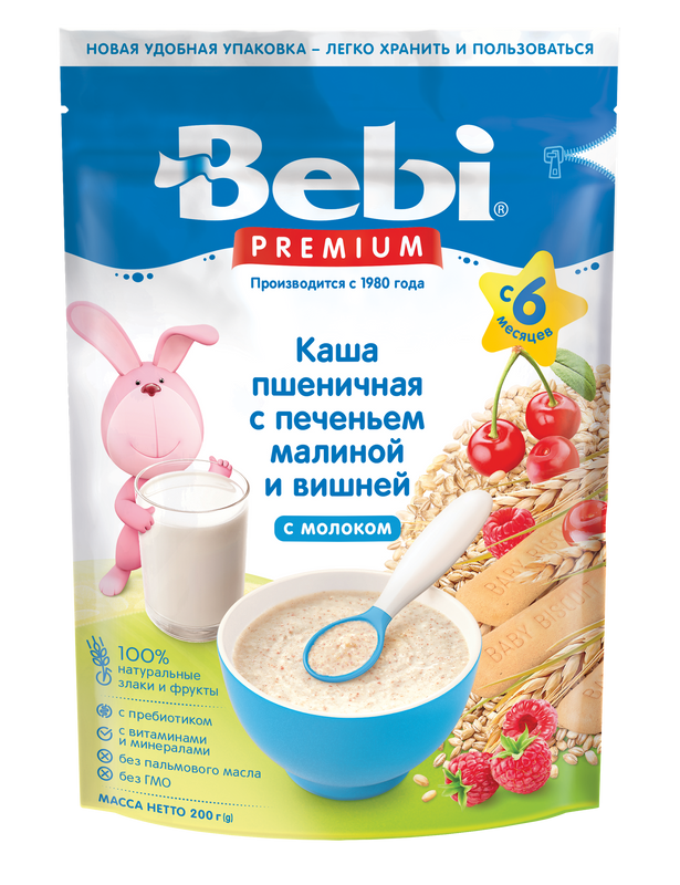 Каша Bebi Premium молочная, пшеничная, с печеньем, малиной и вишней, с 6 месяцев, 200 г
