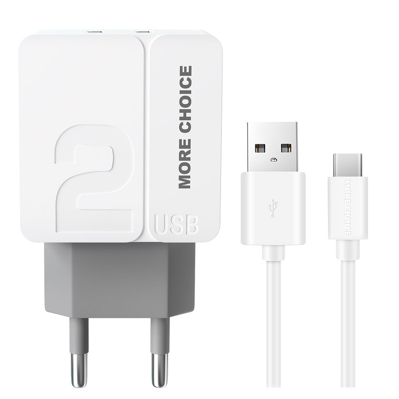 фото Сетевое зарядное устройство 2usb 2.4a для type-c more choice nc46a 1м white grey