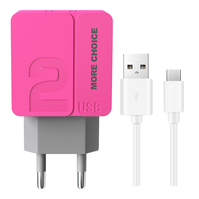 фото Сетевое зарядное устройство 2usb 2.4a для type-c more choice nc46a 1м pink