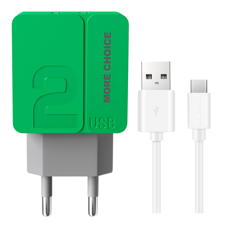 фото Сетевое зарядное устройство 2usb 2.4a для type-c more choice nc46a 1м green