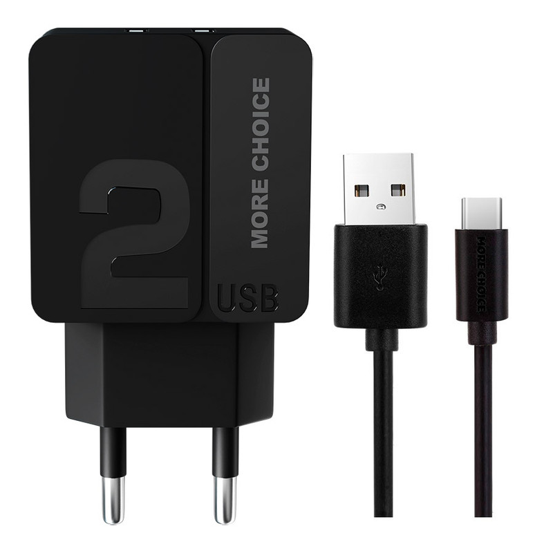 фото Сетевое зарядное устройство 2usb 2.4a для type-c more choice nc46a 1м black black