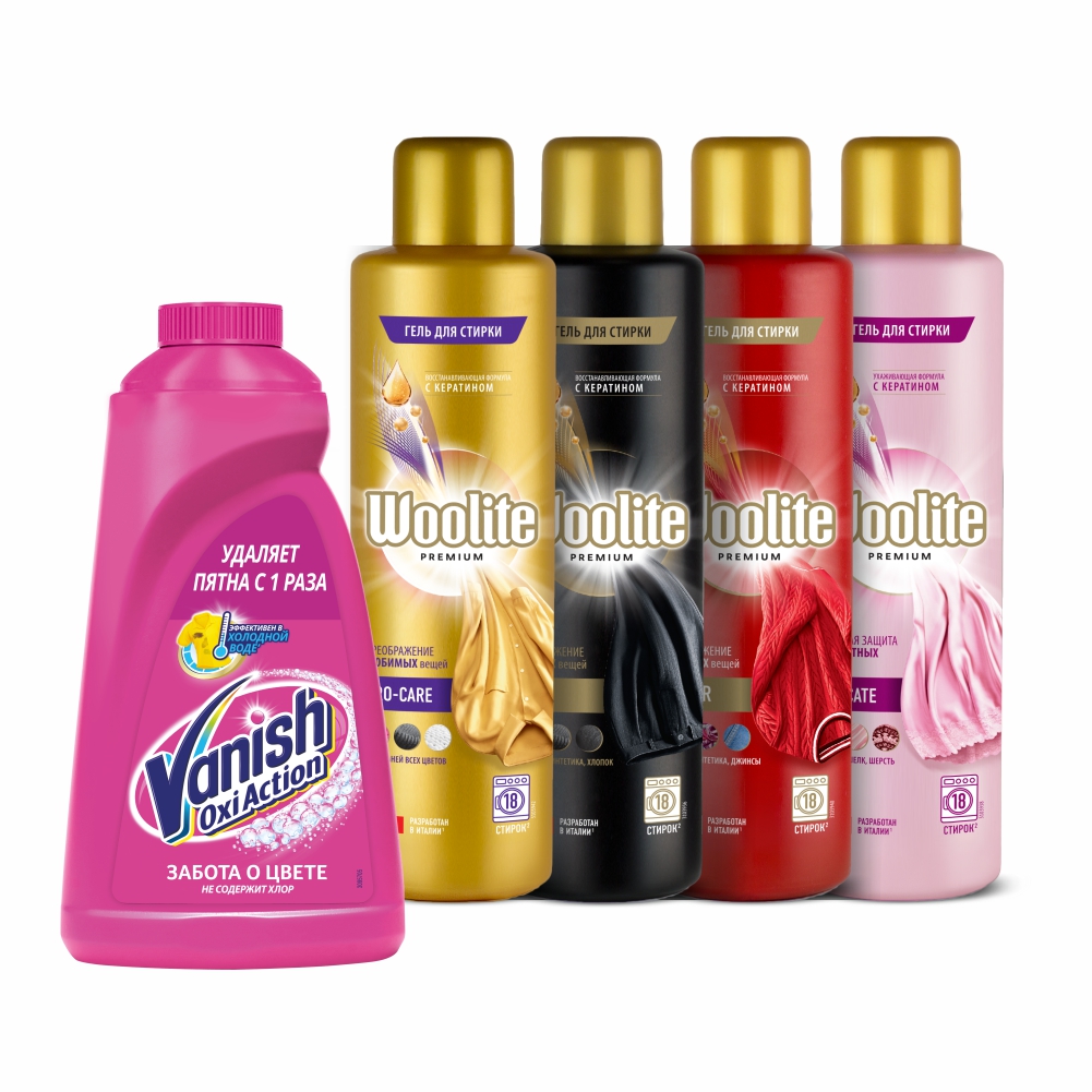 

Набор для стирки белья VANISH OXI Action Пятновыводитель + Woolite Premium