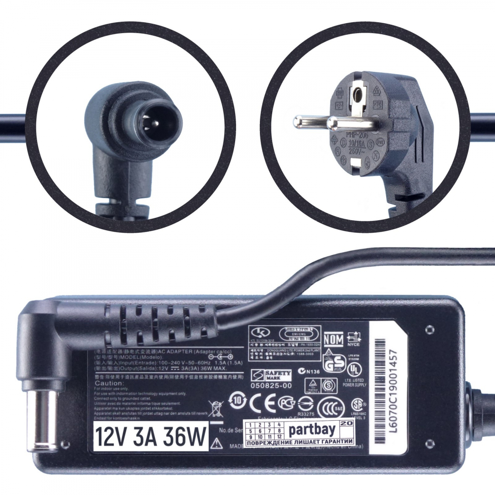 

Блок питания для монитора LG E2260V 12V 3A 6.5x4.4mm 36W, Черный