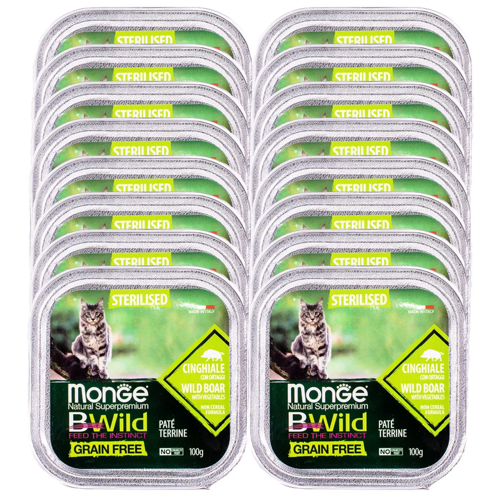 

Консервы для кошек Monge Cat Bwild кабан с овощами, 16шт по 100г, Bwild Grain free Sterilised